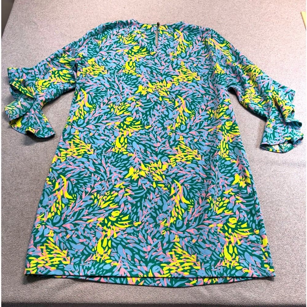 Mud Pie Womens L Tropical Print Shift Dress Ruffle Bell Sleeve Green Pink Yellow - Picture 10 of 10